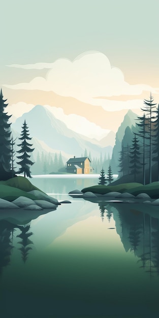 Illustrazione paesaggistica minimalista di una casa nella foresta vicino al lago