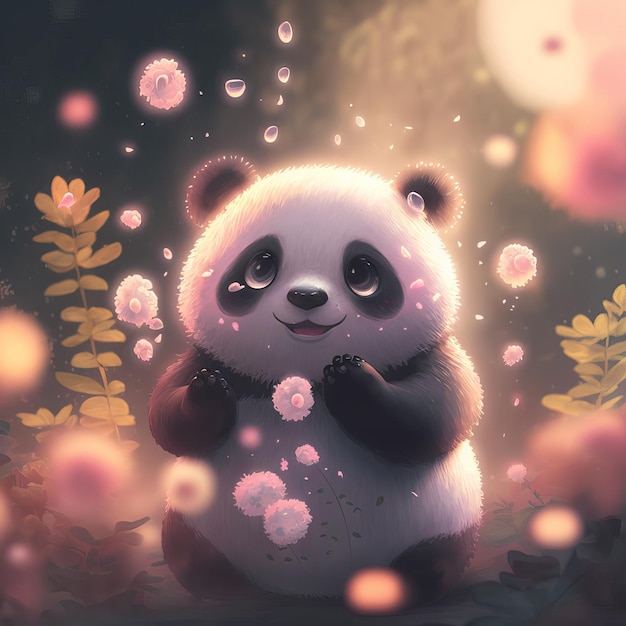 Illustrazione panda seduto con fiori stile fiaba per bambini AIxAxA generativa