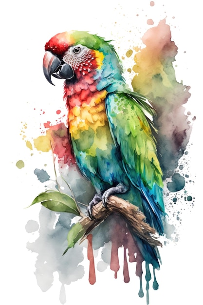 Illustrazione pappagallo in acquerello Animale su sfondo bianco IA generativa