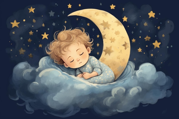 illustrazione per bambini con la luna e il bambino addormentato Bellissimo poster per la camera del bambino o la camera da letto Cartella di auguri infantile