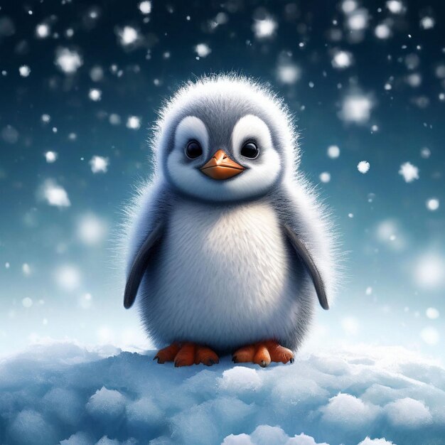 Illustrazione per bambini di un piccolo pinguino carino seduto su uno sfondo innevato