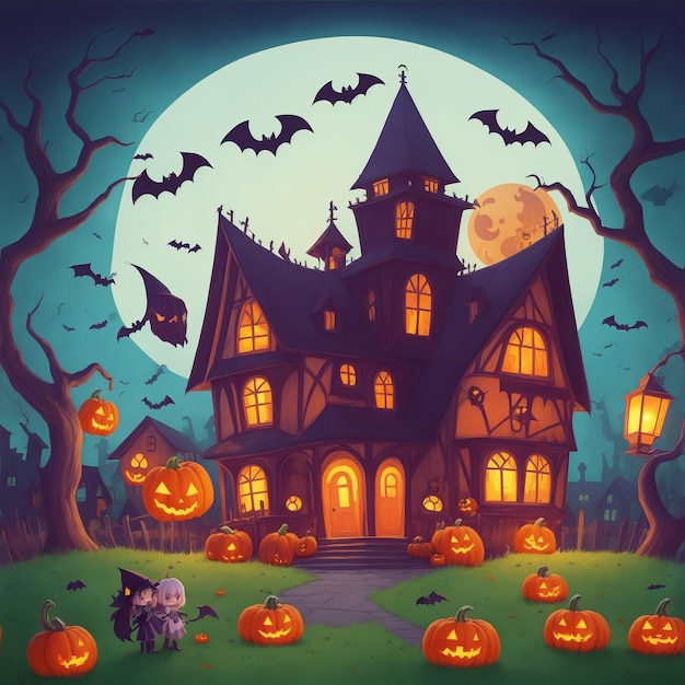 illustrazione per bambini scena spettrale di halloween con fantasmi zucche pipistrelli e vecchia casa sullo sfondo