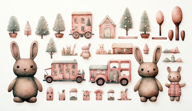 illustrazione per giocattoli e animali per bambini in stile rosa chiaro e ambra scura