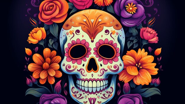 Illustrazione per il giorno dei morti o Dia de los muertos con un teschio di zucchero IA generativa