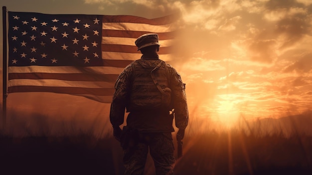 Illustrazione per il Giorno dell'Indipendenza degli Stati Uniti 4 luglio Soldato con bandiera americana sotto un bel sole IA generativa