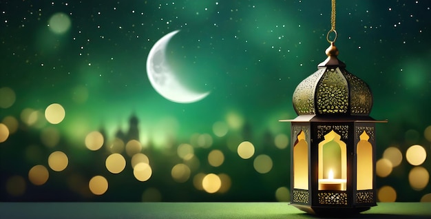 Illustrazione per il Ramadan con lanterna e mezzaluna su sfondo verde con luci bokeh