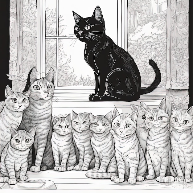 Illustrazione per la colorazione Gatti divertenti in bianco e nero