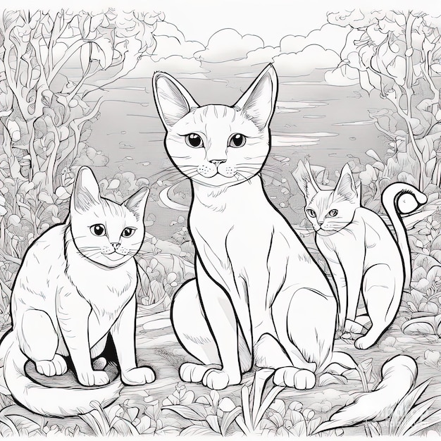Illustrazione per la colorazione Gatti divertenti in bianco e nero