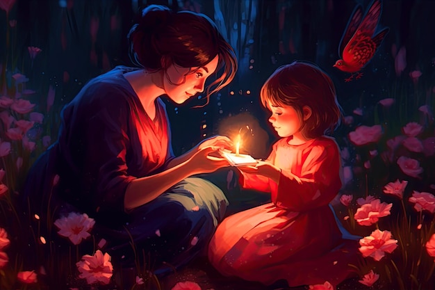 Illustrazione per la festa della mamma Madre e bambino circondati da bagliore magico e fiori IA generativa