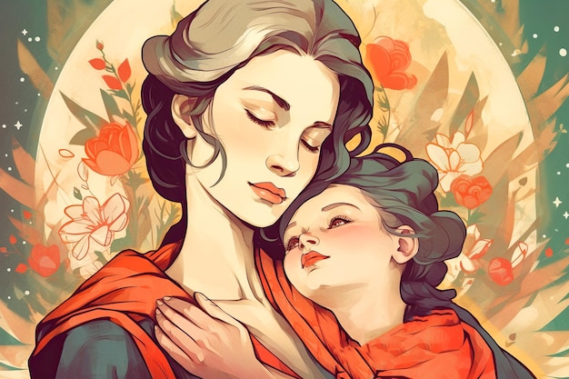 Illustrazione per la festa della mamma Teneri abbracci di madre e figlio nella luce divina IA generativa