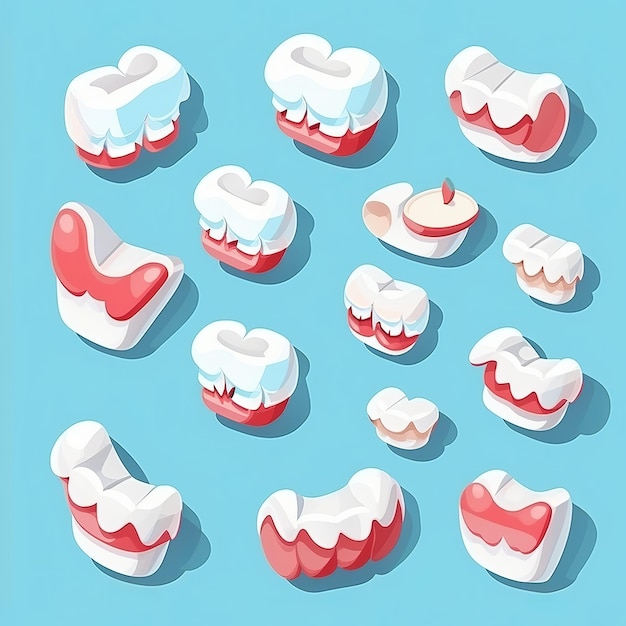 Illustrazione per le icone carine dei denti piatti impostano l'adesivo isometrico