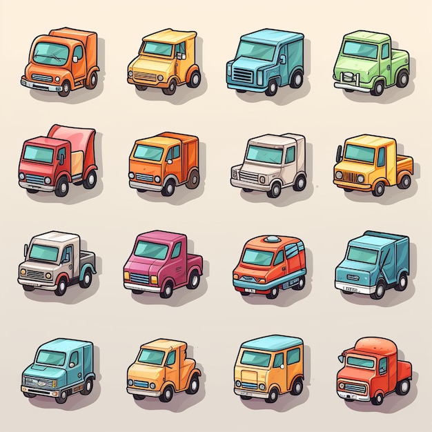 Illustrazione per le icone carine del camion piatto imposta adesivo isometrico