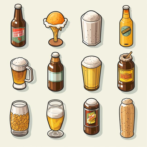 Illustrazione per le icone carine della birra piatta imposta adesivo isometrico