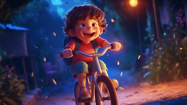 Illustrazione per un libro per bambini di un bambino sorridente in bicicletta IA generativa