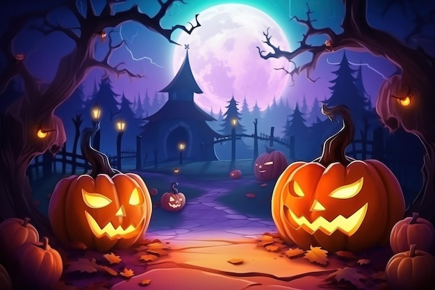 Illustrazione piatta Banner di Halloween o sfondo di un invito a una festa Luna piena nei ragni del cielo arancione