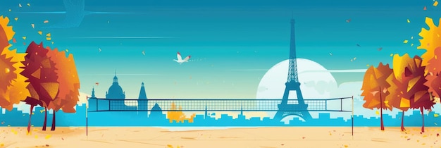 illustrazione piatta dei Giochi olimpici estivi a Parigi un campo da pallavolo sullo sfondo della Torre Eiffel e un panorama delle attrazioni della città