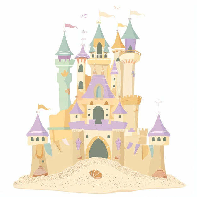 Illustrazione piatta del castello di sabbia delle favole con lavanda pallida e verde schiuma marina