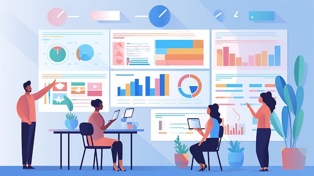 Illustrazione piatta del team di ricerca UX che analizza i dati degli utenti