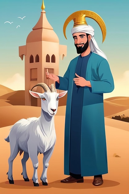 Illustrazione piatta dell'Eid al-Adha con la capra e l'uomo