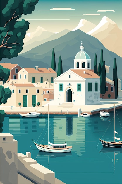 Illustrazione piatta della tipica vista panoramica dell'isola greca con un piccolo porto e barche da pesca tradizionali case bianche e blu una chiesa tradizionale creata dall'IA generativa