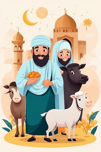 Illustrazione piatta di Eid alAdha con persone e animali