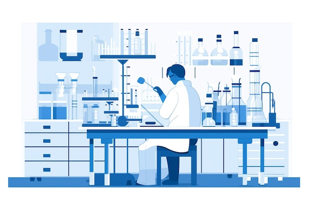 Illustrazione piatta di un chimico in un laboratorio industriale che analizza campioni che conducono esperimenti