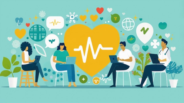 Illustrazione piatta di un medico e dei suoi pazienti felici Cardiologia cuore con frequenza cardiaca Alimentazione sana