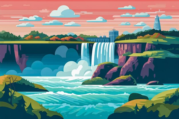 Illustrazione piatta di una cascata sullo sfondo di un paesaggio