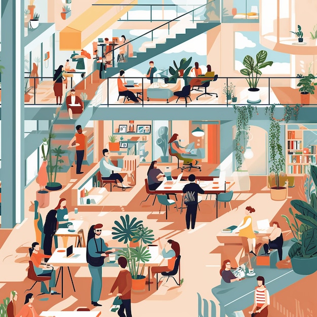 Illustrazione piatta di una vivace area di coworking openplan dai colori neutri