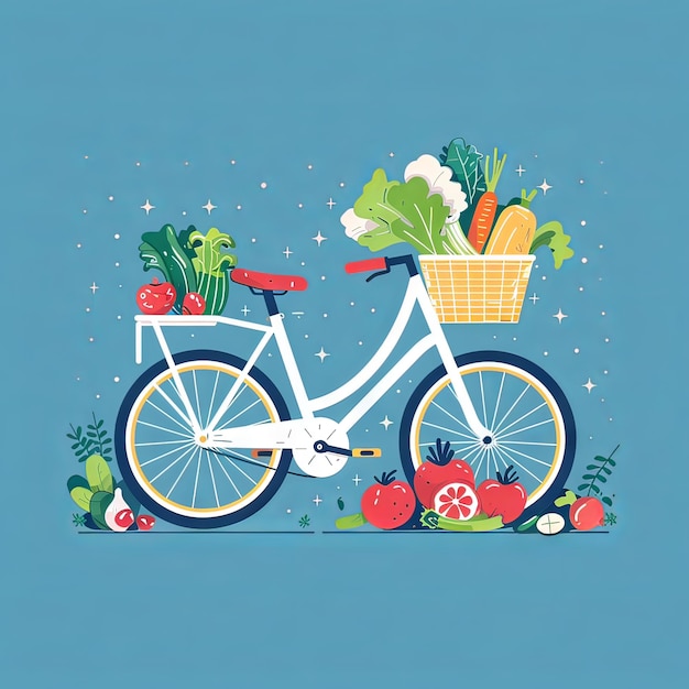 Illustrazione piatta minimalista di una bicicletta con un cesto di verdure fresche