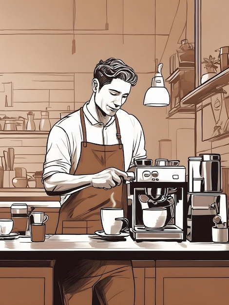 Illustrazione piatta un barista maschio che fa il caffè