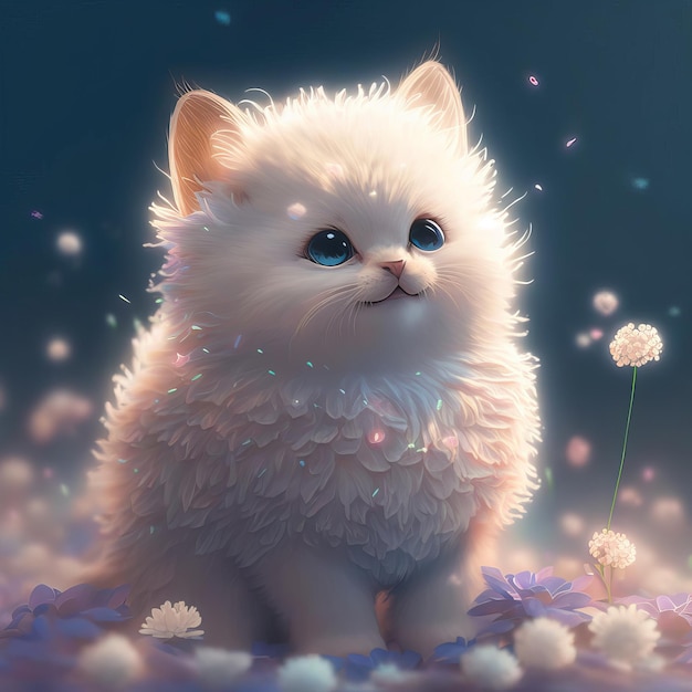 Illustrazione piccolo gattino si siede con fiori stile fiaba per bambini Generativo AIxA