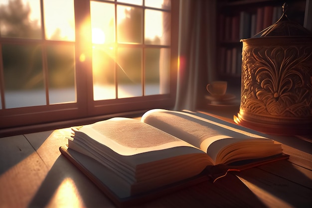 Illustrazione pila di libri sul tavolo con bicchiere da tè al tramonto indoor AI