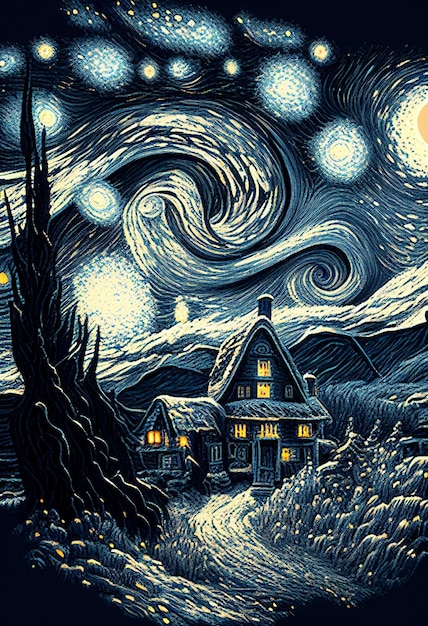 Illustrazione pittura ad olio casa e neve sul cielo stellato inverno Creato con la tecnologia generativa AI