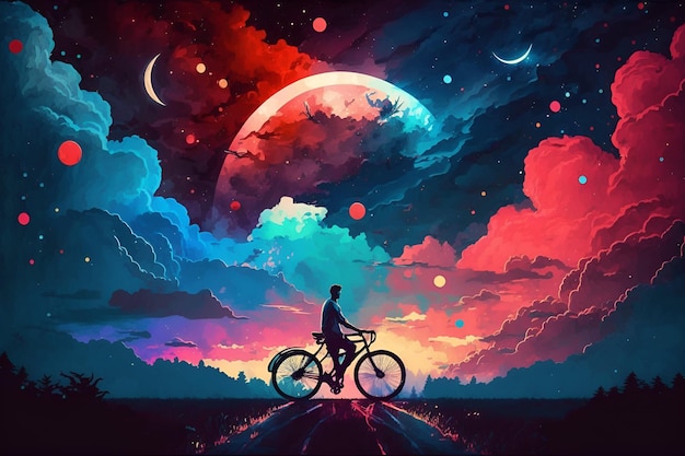 illustrazione pittura d'amore in bicicletta contro il cielo notturno con nuvole colorate arte digitale