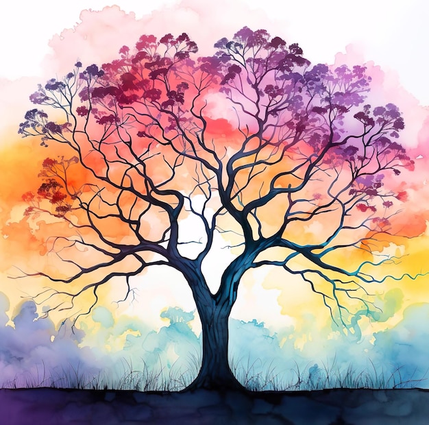 Illustrazione pittura di albero con foglie colorate sullo sfondo