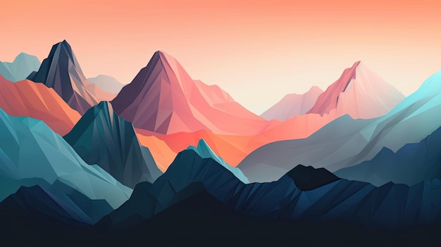 Illustrazione poligonale di una catena montuosa con un tramonto sullo sfondo