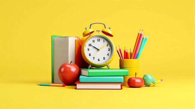 Illustrazione pop art di accessori scolastici con libri di mele e una sveglia sullo sfondo della scuola Back to school concept 3D Rendering AI Generative