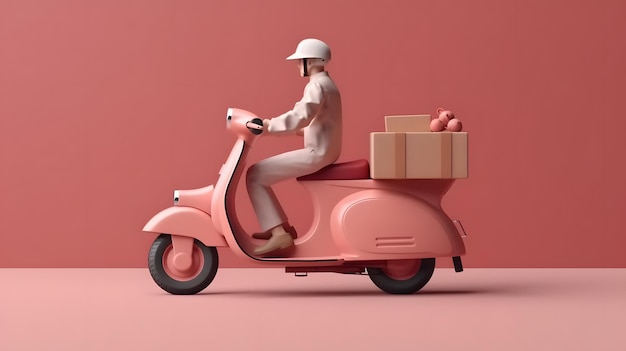 Illustrazione promozionale 3D in monopattino rosa ispirata a Russell Dongjun Lu Chris LaBrooy e Frank Moth