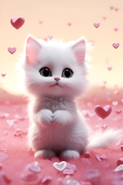 Illustrazione raffigurante un adorabile felino su uno sfondo rosa decorato con motivi a cuore