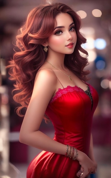 Illustrazione ragazza dai capelli rossi con un vestito rosso