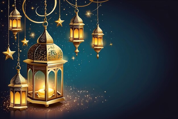 Illustrazione Ramadan Kareem Sfondio con lampade Fanoos Mezzaluna e stelle Vettore