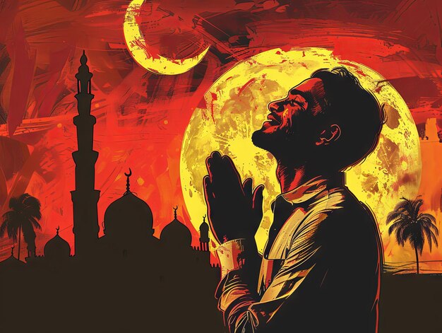 Illustrazione Ramadan un uomo musulmano sta pregando davanti alla moschea