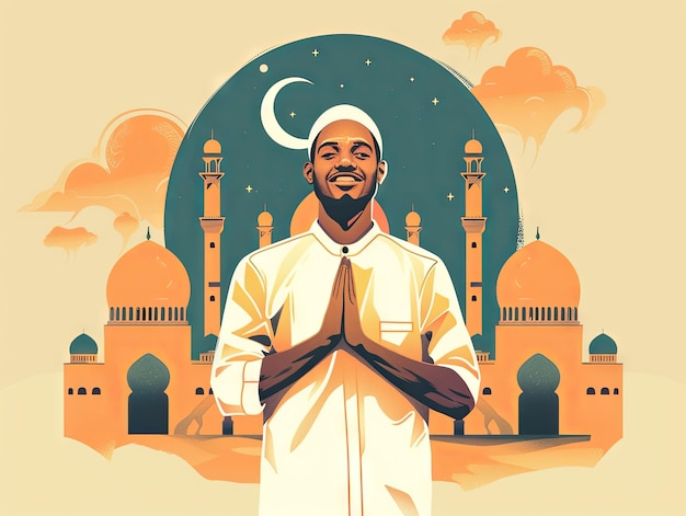 Illustrazione Ramadan un uomo musulmano sta pregando davanti alla moschea