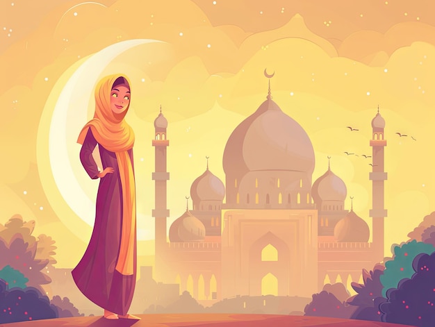 Illustrazione Ramadan una donna musulmana è in piedi di fronte alla moschea