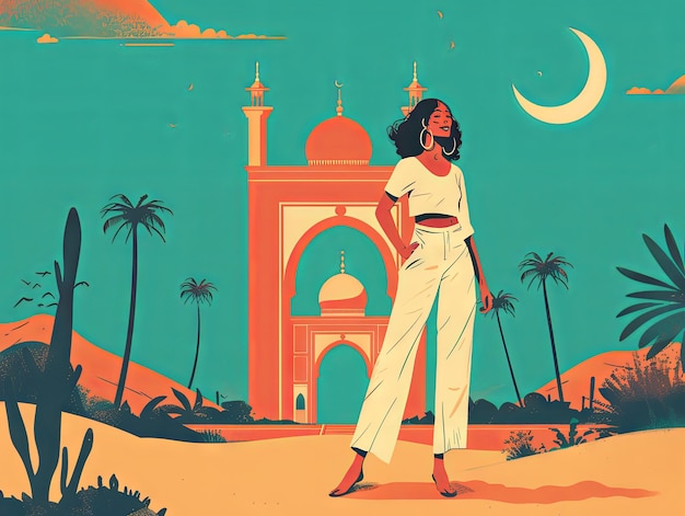 Illustrazione Ramadan una donna musulmana è in piedi di fronte alla moschea
