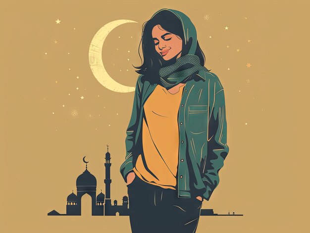 Illustrazione Ramadan una donna musulmana è in piedi di fronte alla moschea