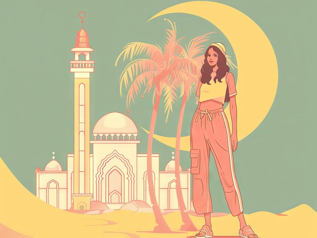 Illustrazione Ramadan una donna musulmana è in piedi di fronte alla moschea