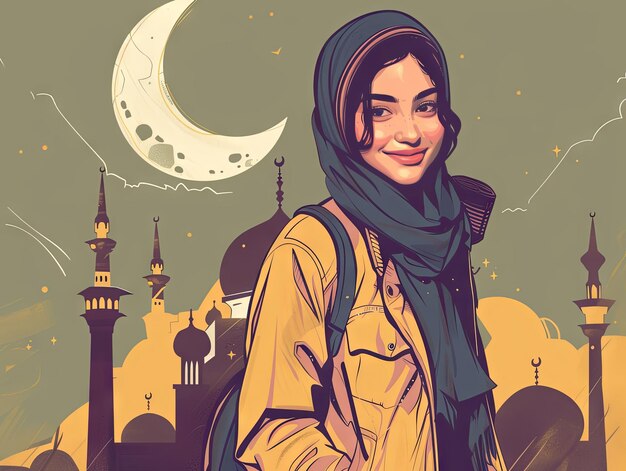 Illustrazione Ramadan una donna musulmana è in piedi di fronte alla moschea