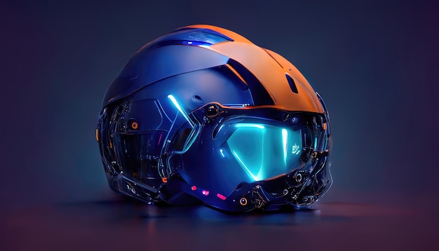 Illustrazione raster del casco di realtà virtuale Metaverse cyberspazio gaming cyberpunk tecnologia del futuro neon blu luce sfondo scuro visione futuristica 3D rendering illustrazione per il business